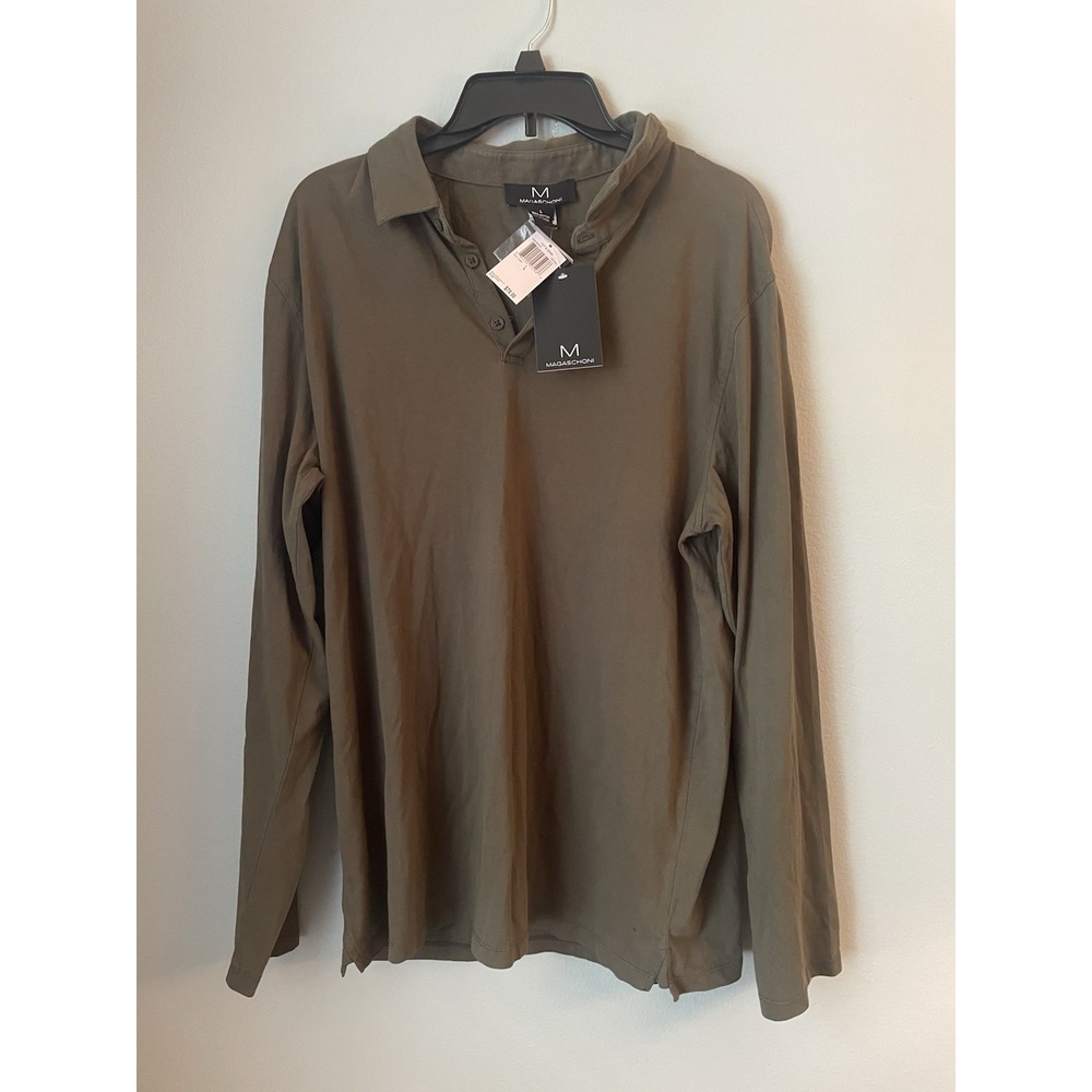 Magaschoni Man Long‎ Sleeve Henley Polo Shirt NWT $78 Size Large Green